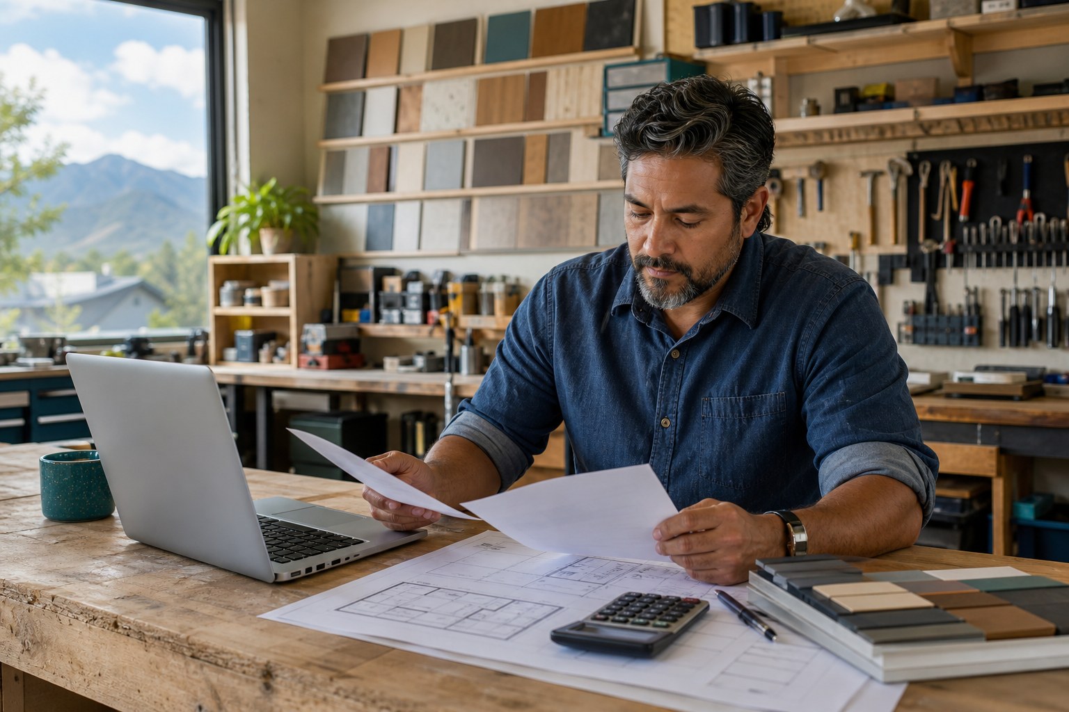 self-employed mortgage loans Colorado small business owner reviewing financial documents in his workshop