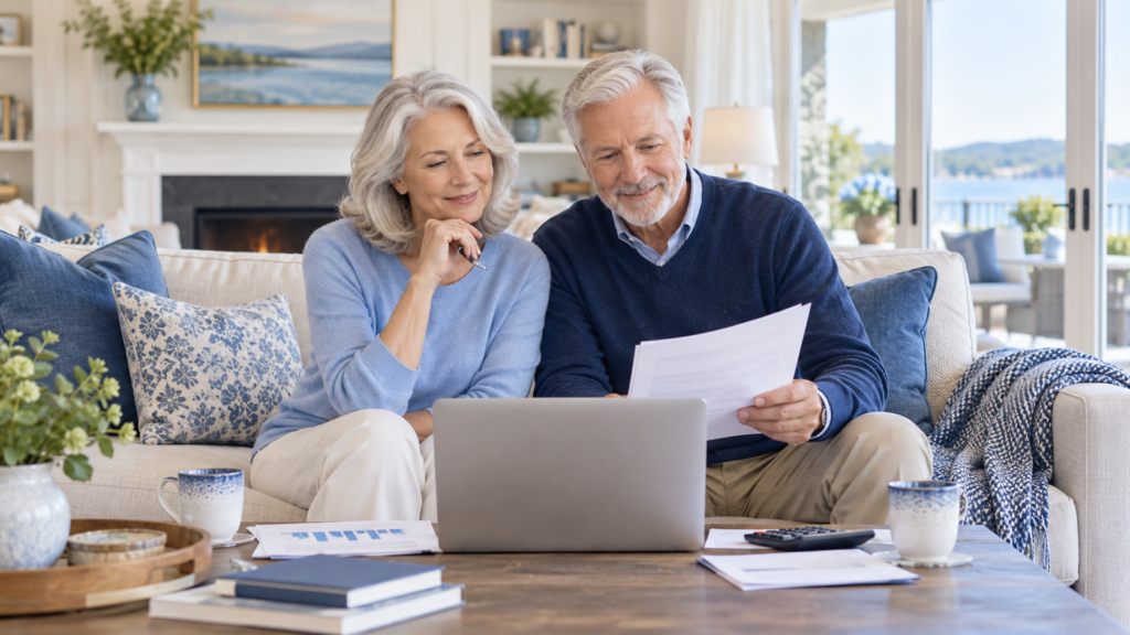 Retired couple reviewing reverse mortgage proceeds and retirement finances at home
